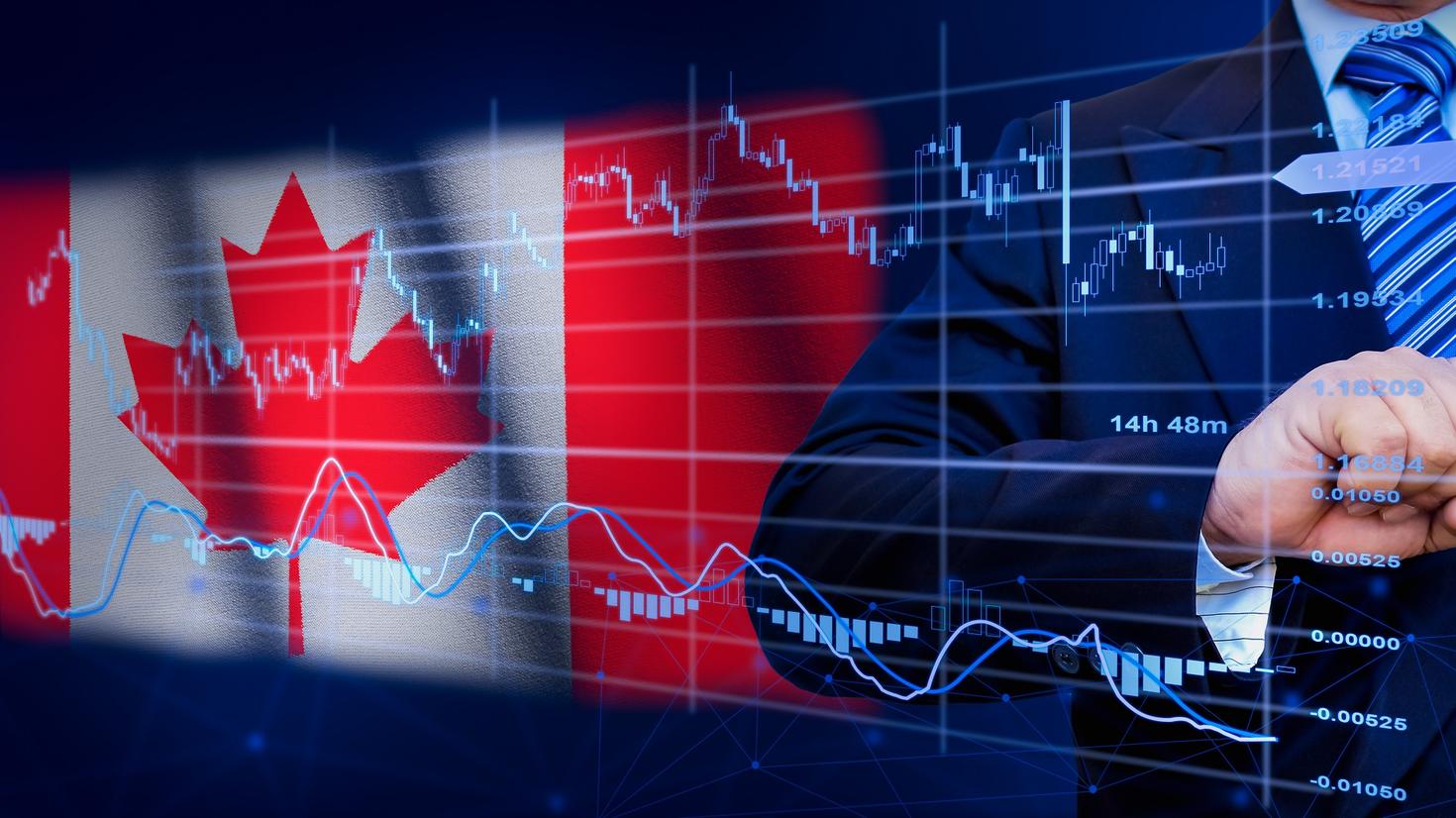 Drapeau du Canada et personne en costume d'affaires avec données économiques superposées