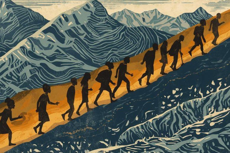 shadow of people going up a hill 