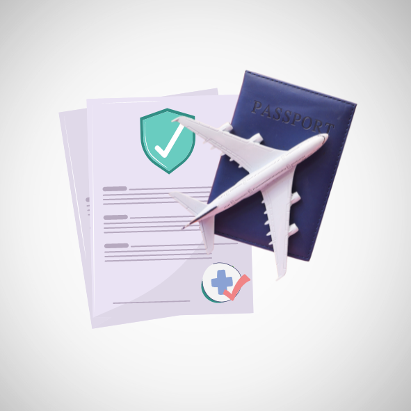 graphic elements of policy documents, an airplane, and a passport