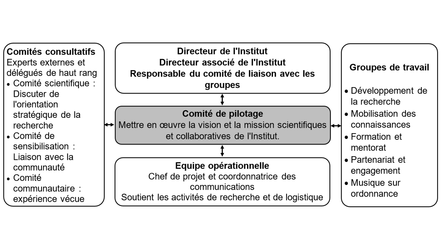 Graphique de gouvernance qui présente le comité directeur au centre et au-dessus, une case avec le directeur de l'institut, le directeur associé de l'institut, le chef du comité de liaison du groupe, à gauche il y a une case pour les comités consultatifs : Experts externes et délégués de haut rang, en dessous il y a l'équipe opérationnelle, et à droite ce sont les groupes de travail : Développement de la recherche, Mobilisation des connaissances, Partenariat et engagement, Formation et mentorat et Partenari