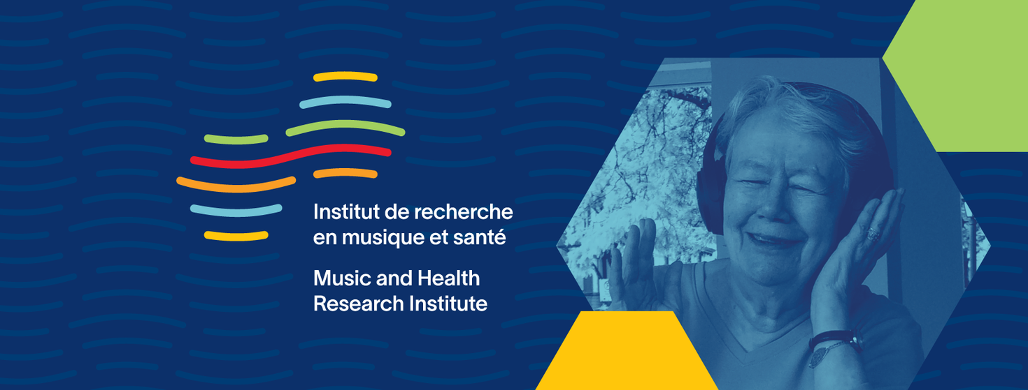 Logo de l'IRMS et personne âgée écoutant de la musique