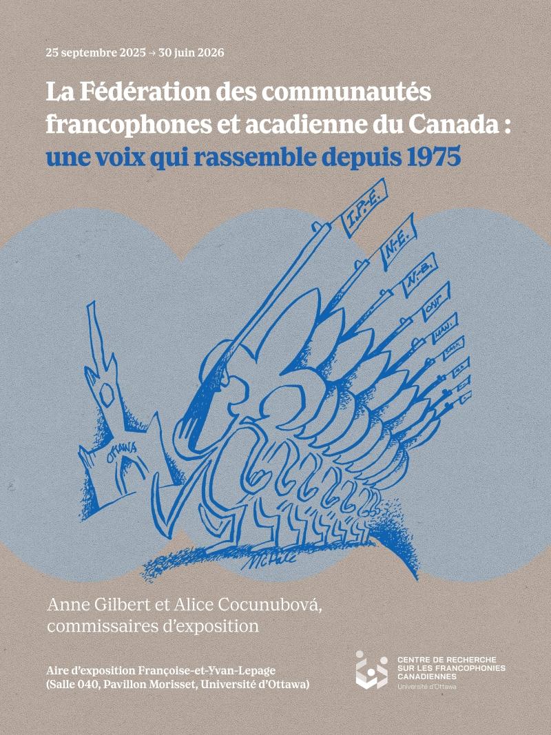 Portion de l'affiche de l’exposition montrant une caricature de fleurs de lys partant en guerre, sur fond bleu pâle et beige.