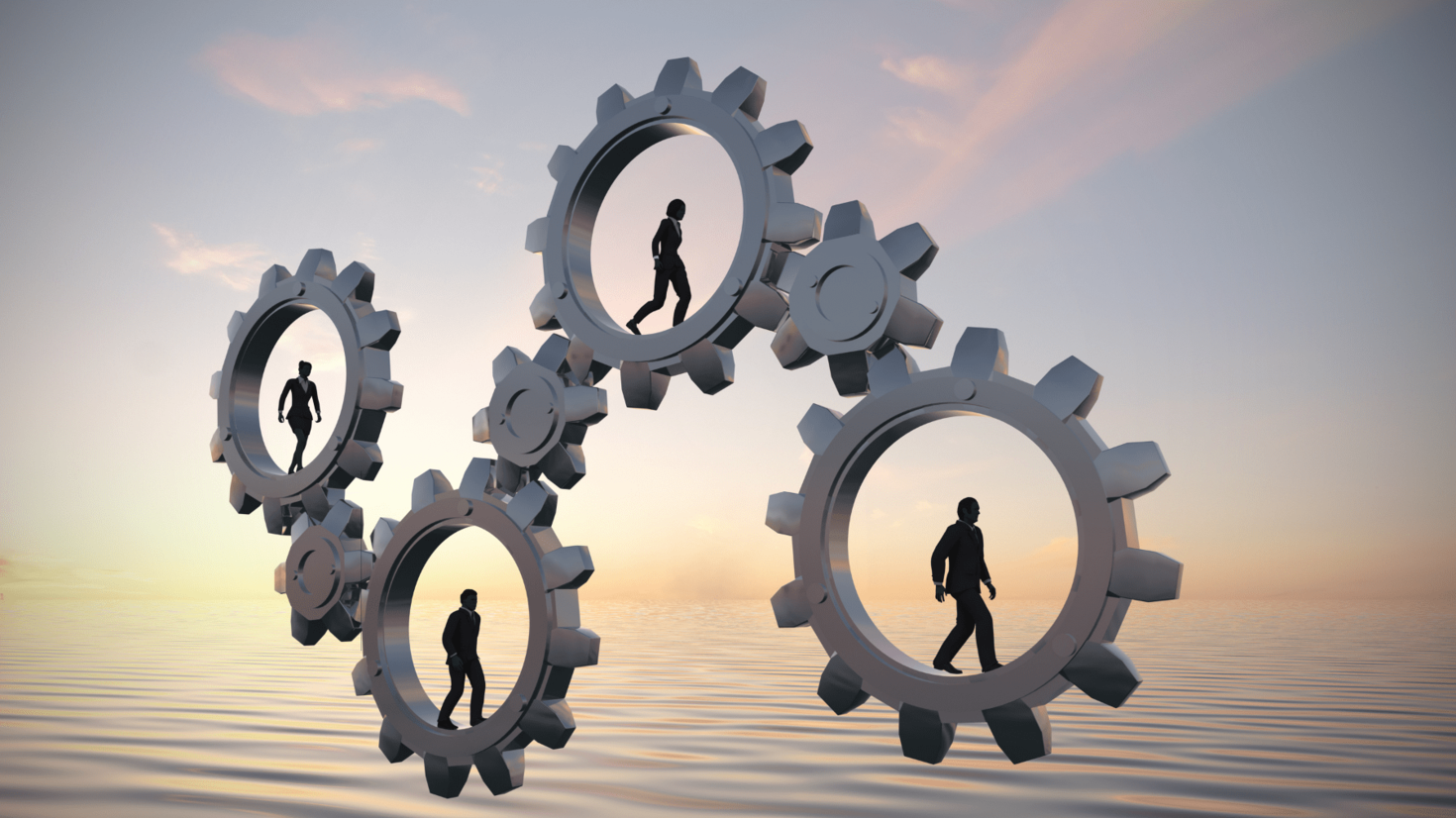 Four people walking in four separate but connected gear wheels.