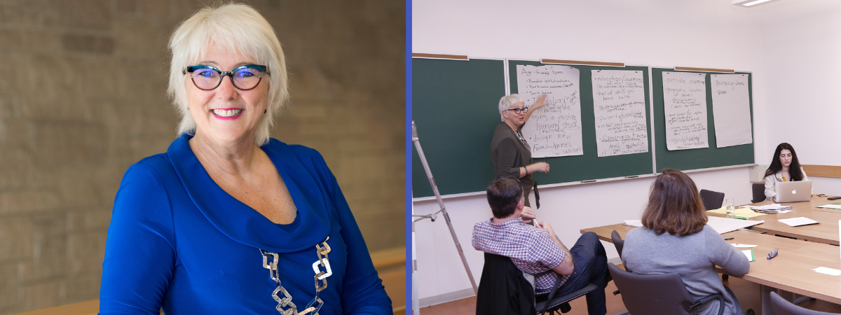 Linda Garcia headshot and image of Linda teaching in small classroom.