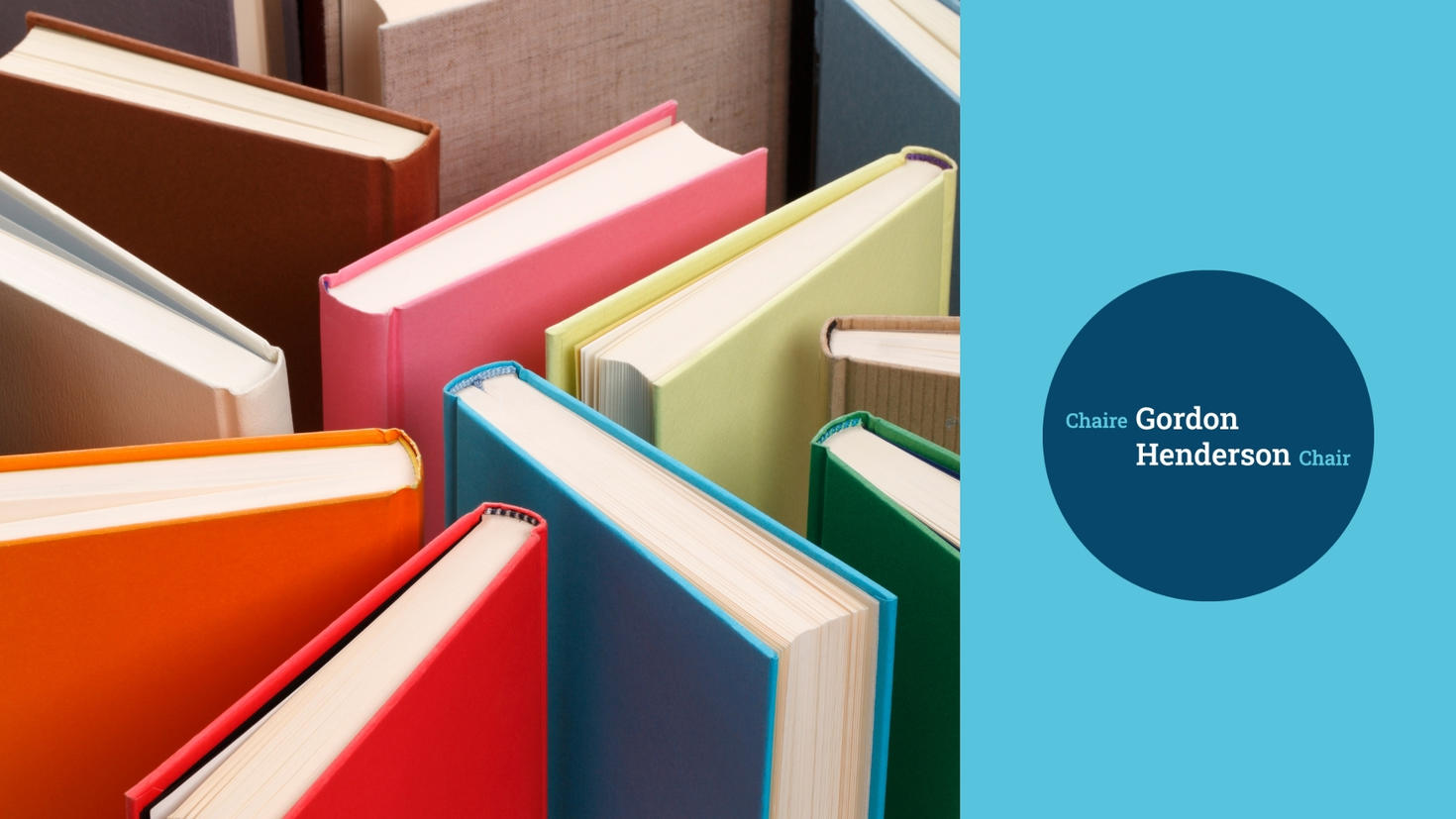 Colorful books and the logo of the Gordon F. Henderson Chair