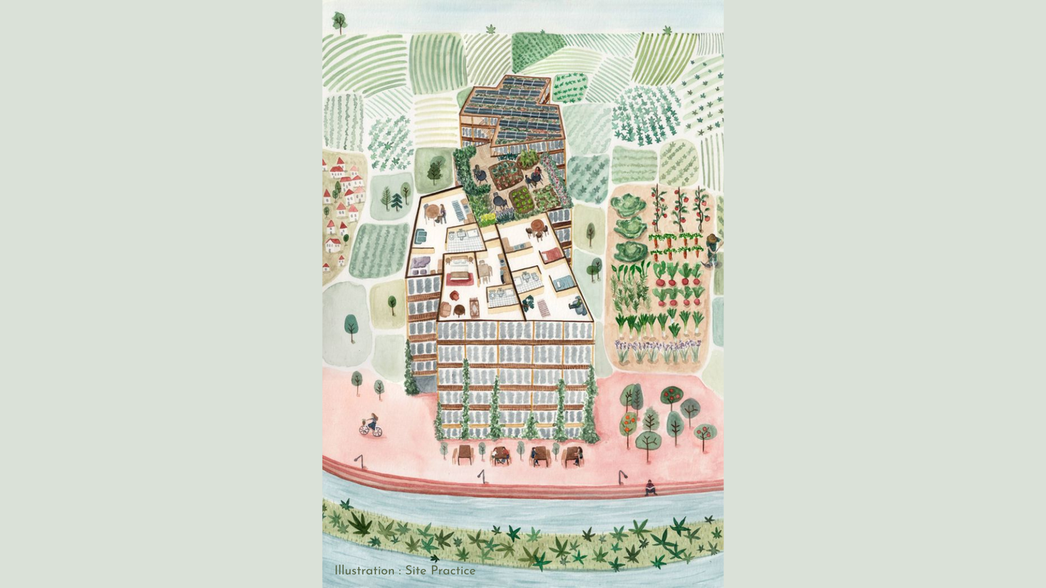 illustration of a building, near a canal and surrounded by green spaces