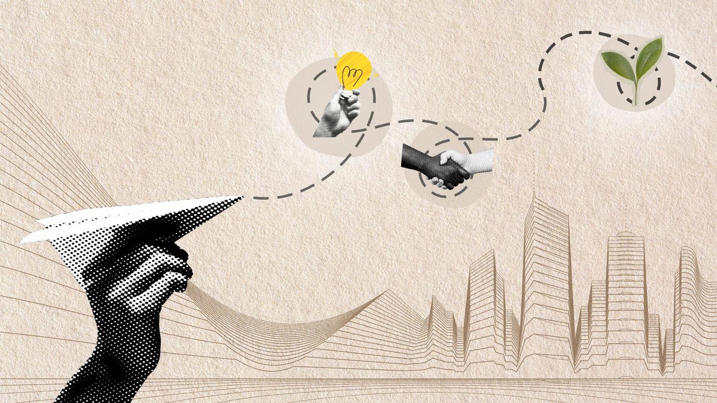 Image of hand playing with a paper plane and a hand holding a bulbe