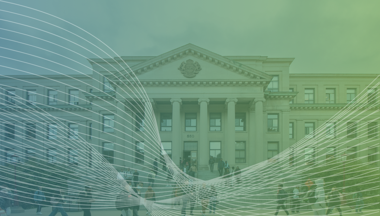 Tabaret Hall with abstract wave overlay symbolizing research impact.