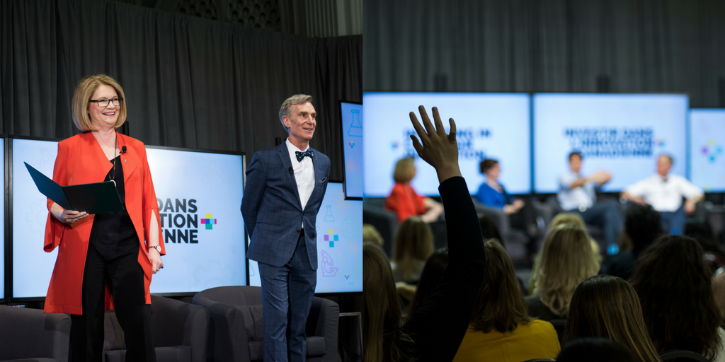 Une image de Kate Young et Bill Nye. Une image d'une main levée dans une foule.