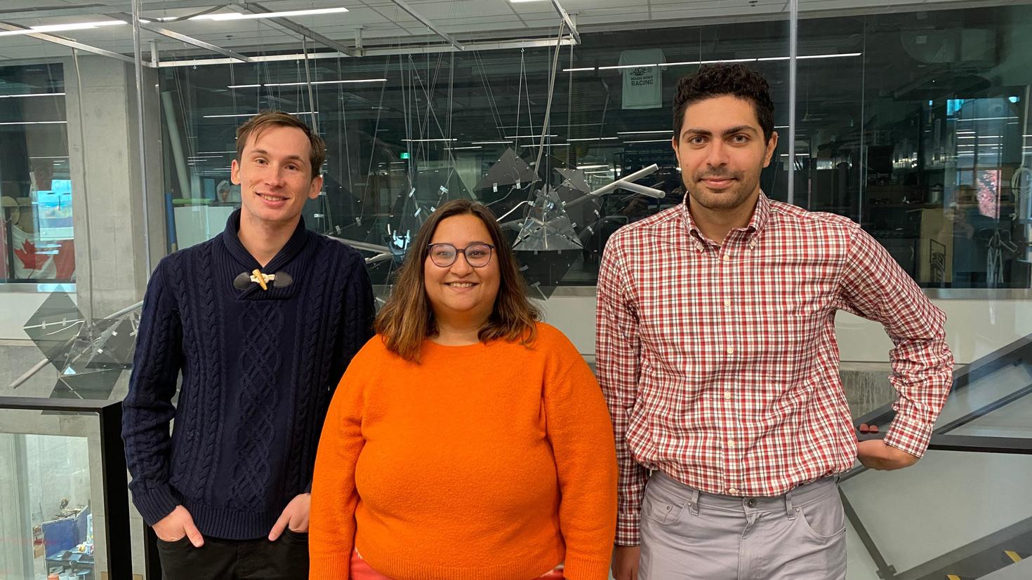 From left to right: Aidan MacAdam, Namrata Bagaria and Pierre Akladios smiling for the camera