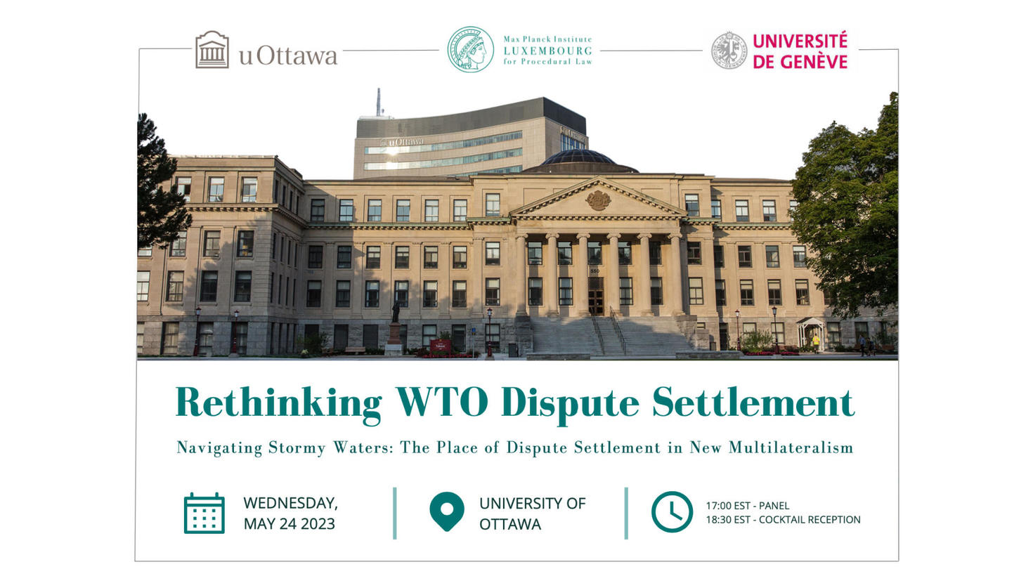 Event poster for Rethinking WTO Dispute Settlement May 24, 2023
