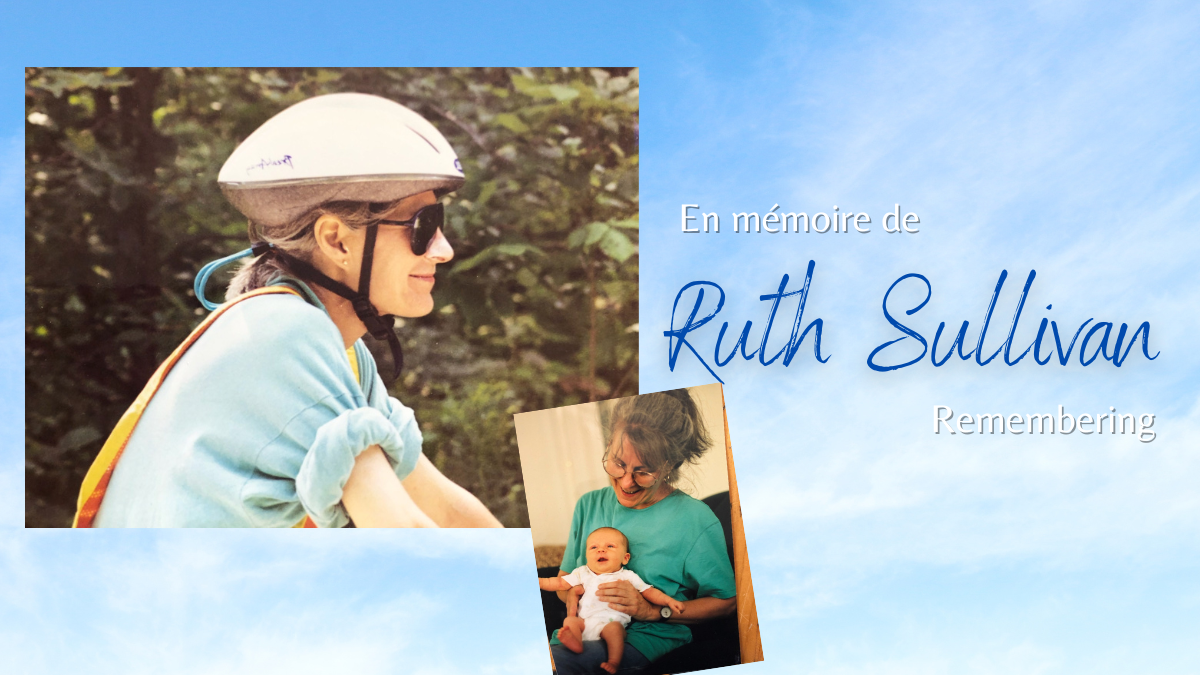 A photo of Ruth Sullivan riding a bike and another holding a baby, overlaid on blue sky