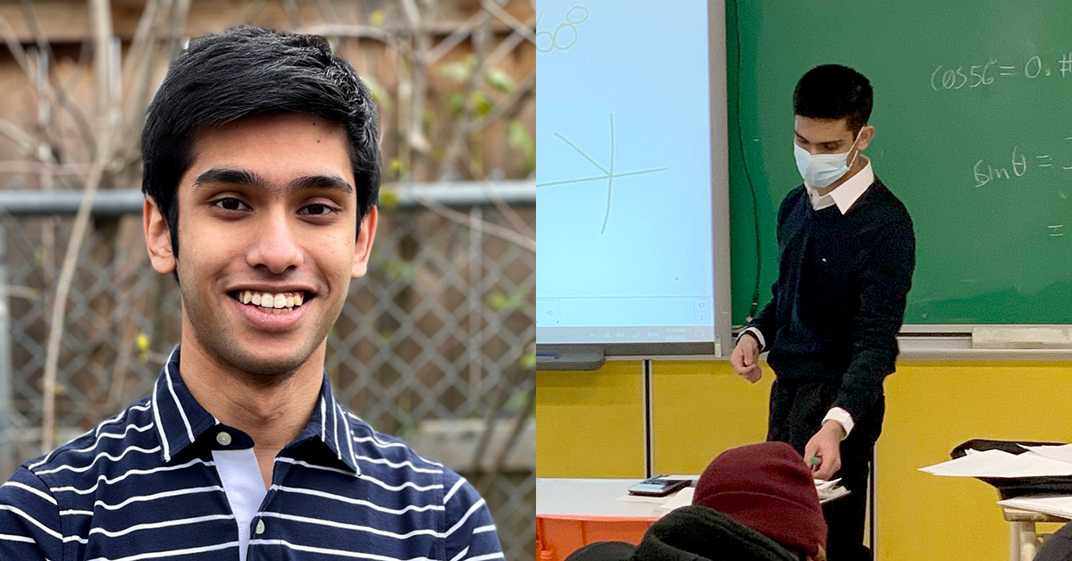 Affaan Ali's portrait, left, and him teaching math class, right