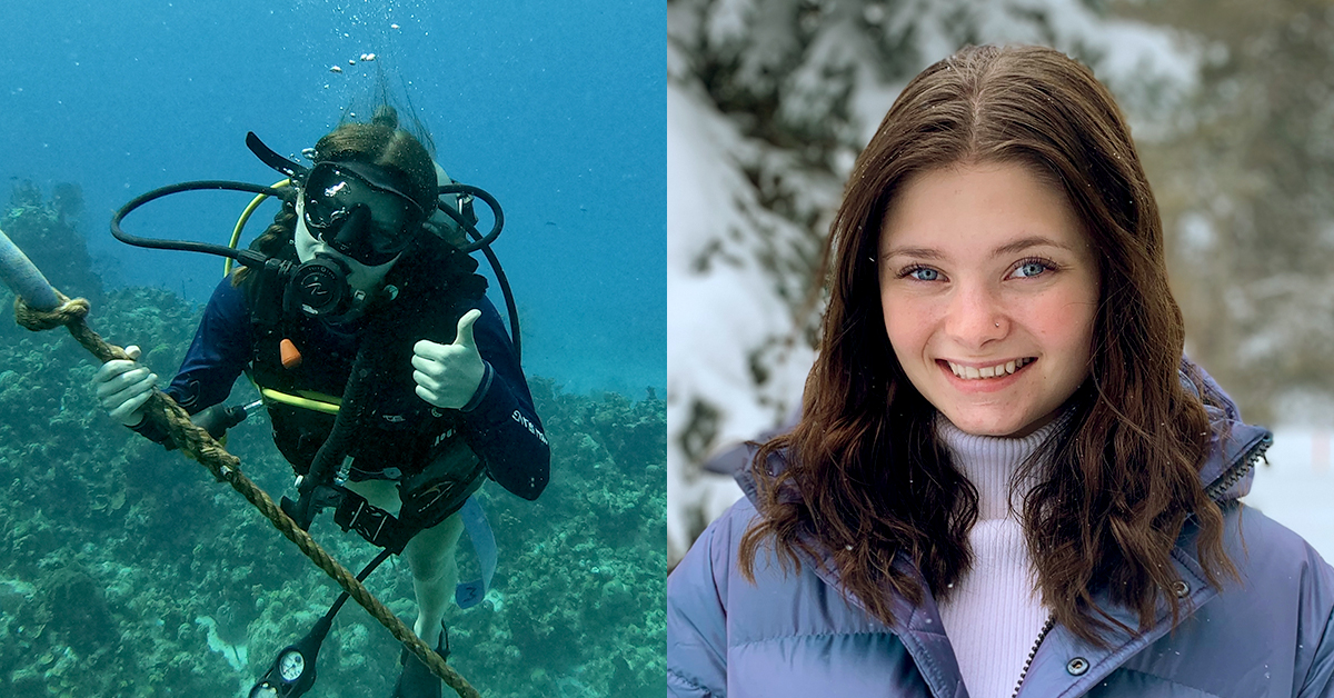 Madelin Rioux's portrait, right, and her scuba diving, left