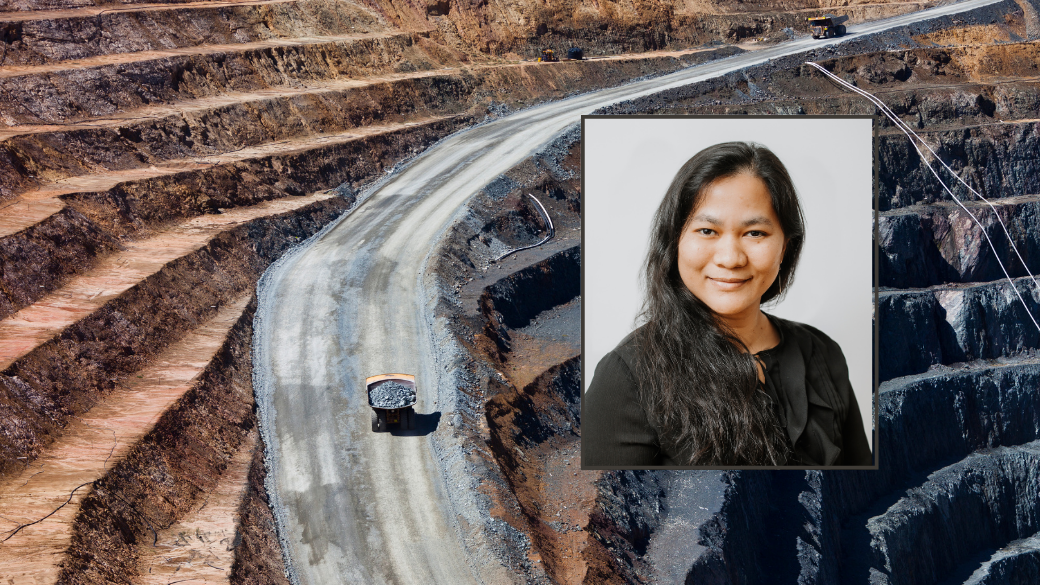 Professor Lynda Hubert Ta inset. Background is a mining landscape