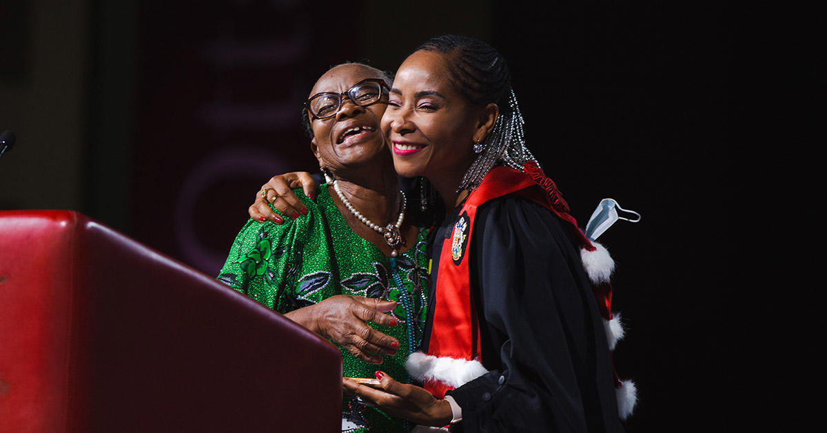Honorary Doctorate Mamokgethi Phakeng shares a warm embrace with her mother