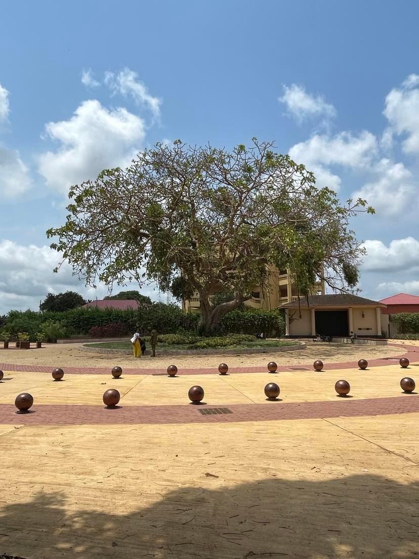 A tree in the middle of the picture close to a house. Two people standing close to the tree