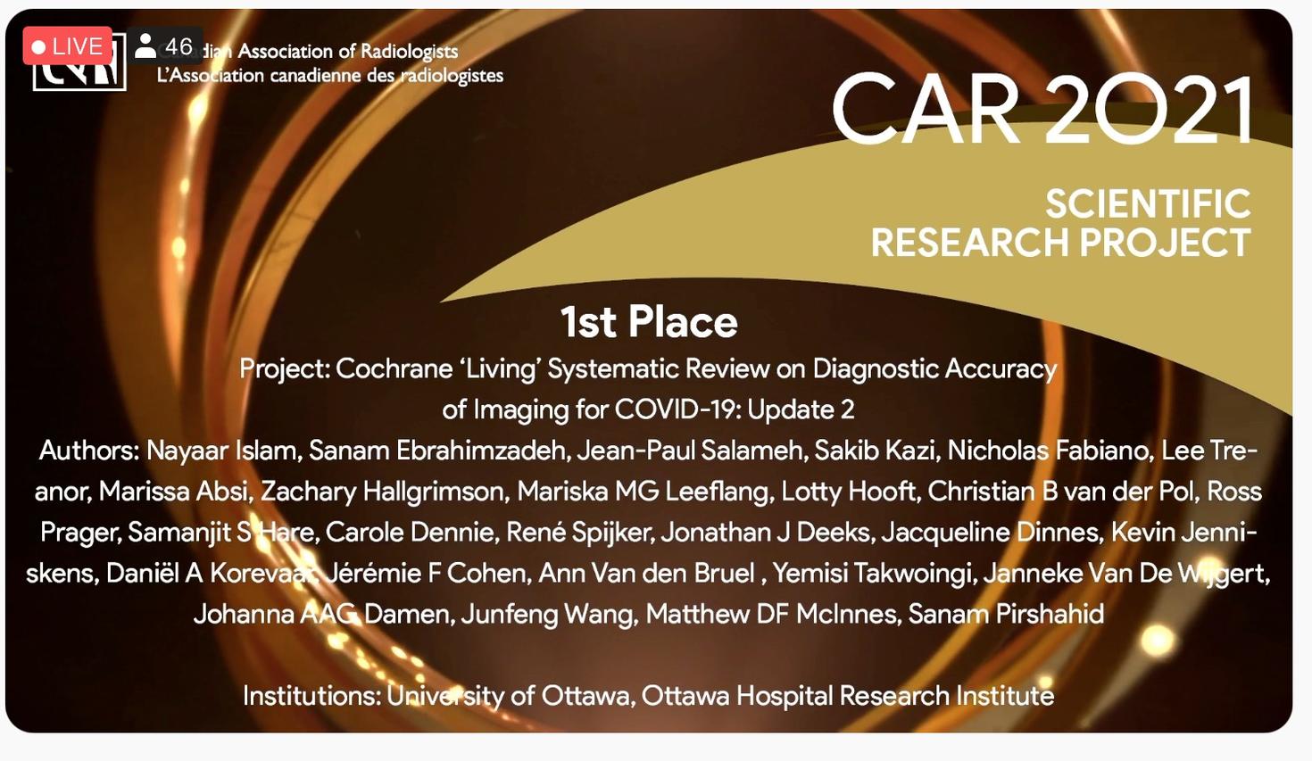 Certificat pour la réunion scientifique annuelle de l'Association canadienne des radiologistes (ACR) de 2021