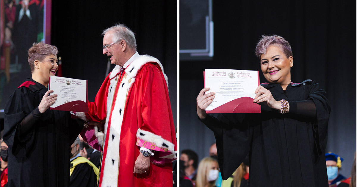 Maria Benavides from Health Sciences cohort 2021 proudly displays her degree to President Jacques Frémont