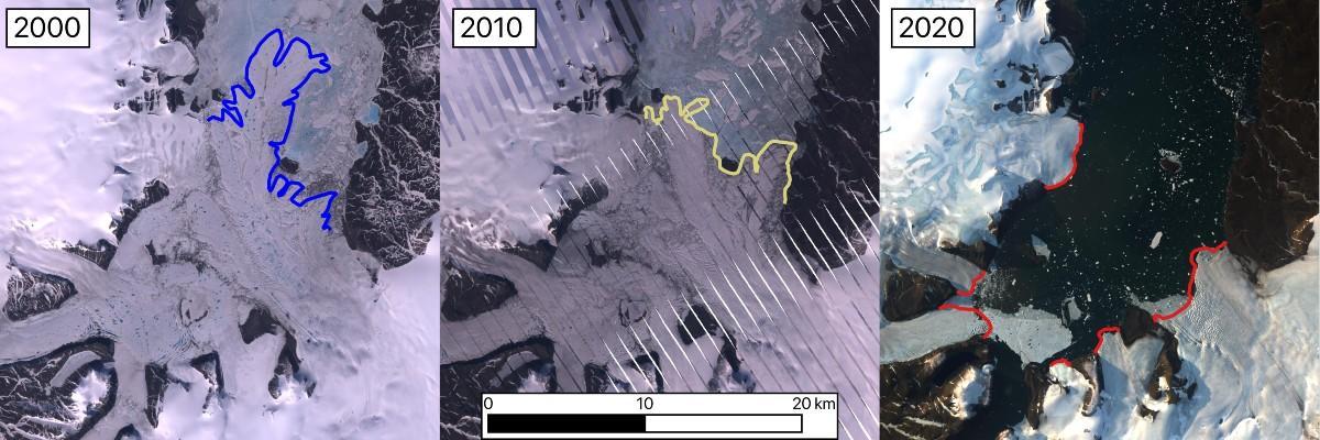 Matusevich ice shelf from 2000 to 2010 to 2020