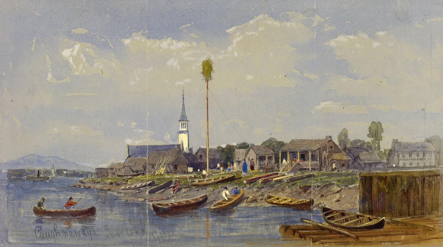 Peinture d'une scène colonial d'un village sur une berge