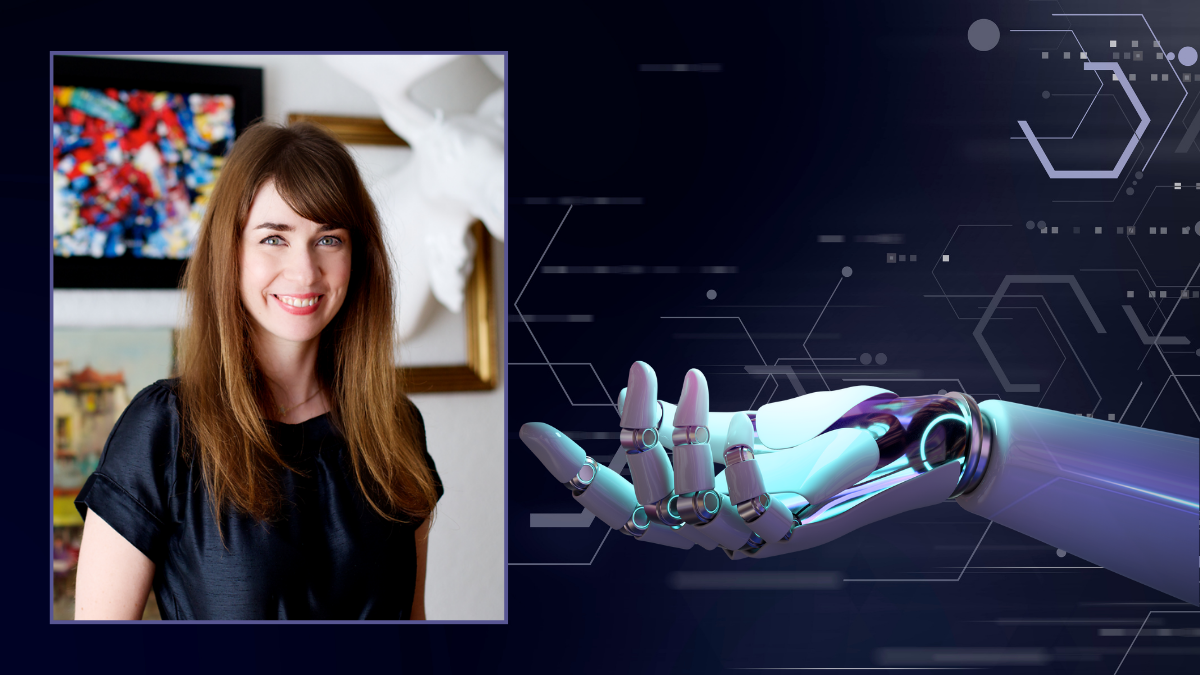 deux photos côte à côte. À gauche, une femme souriante. À droite, une main robotisée s'étend sur un fond sombre.