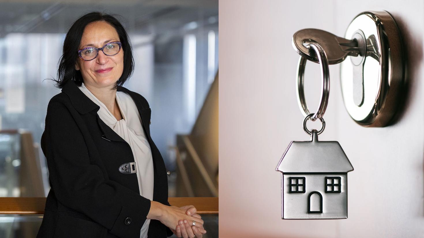 Professor Delphine Nakache beside a lock with a key inserted