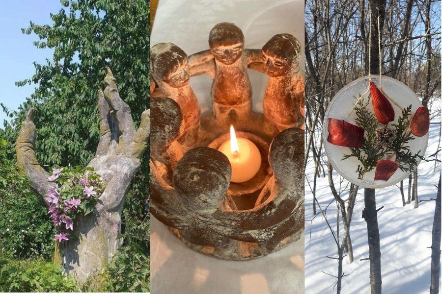 A collage featuring a candle, a sculpture in a tree, and a statue.