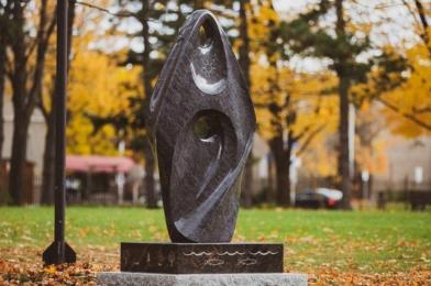 Indigenous monument on Tabaret lawn.
