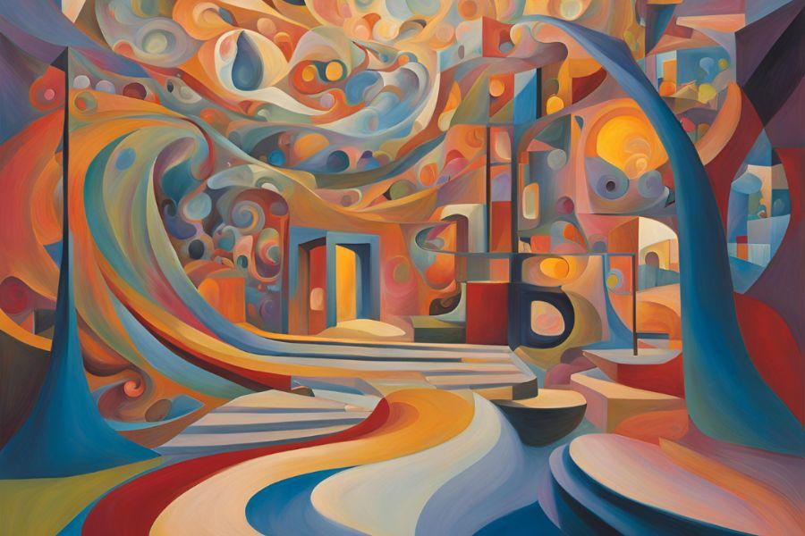 An abstract artwork displaying a lively and colorful design, filled with various shapes and striking colors.