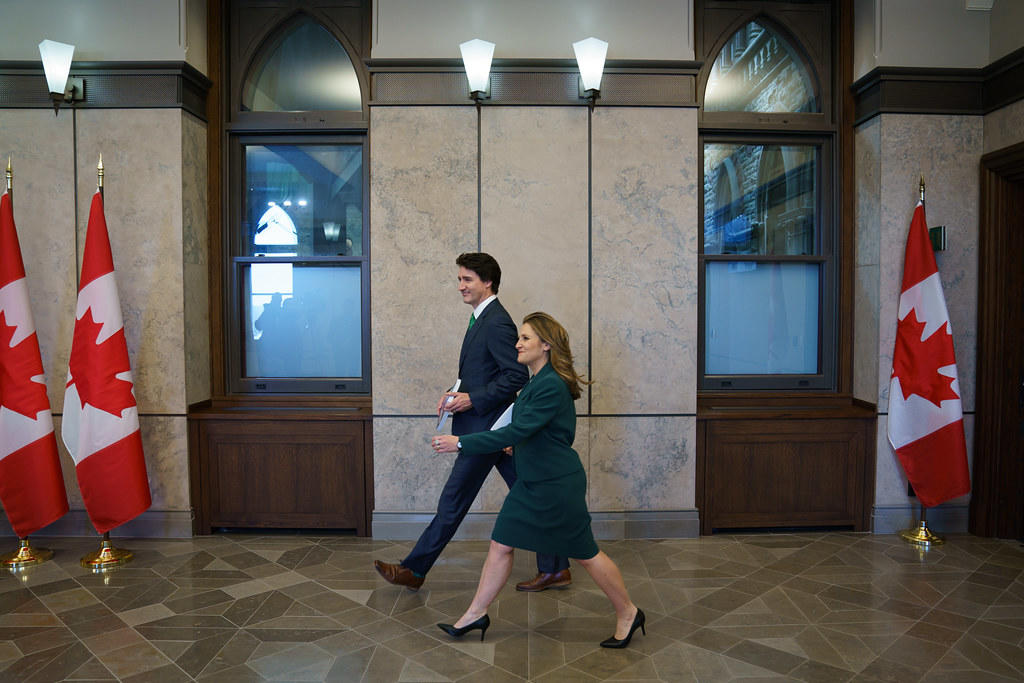 Justin Trudeau and Chrystia Freeland walking in parliament