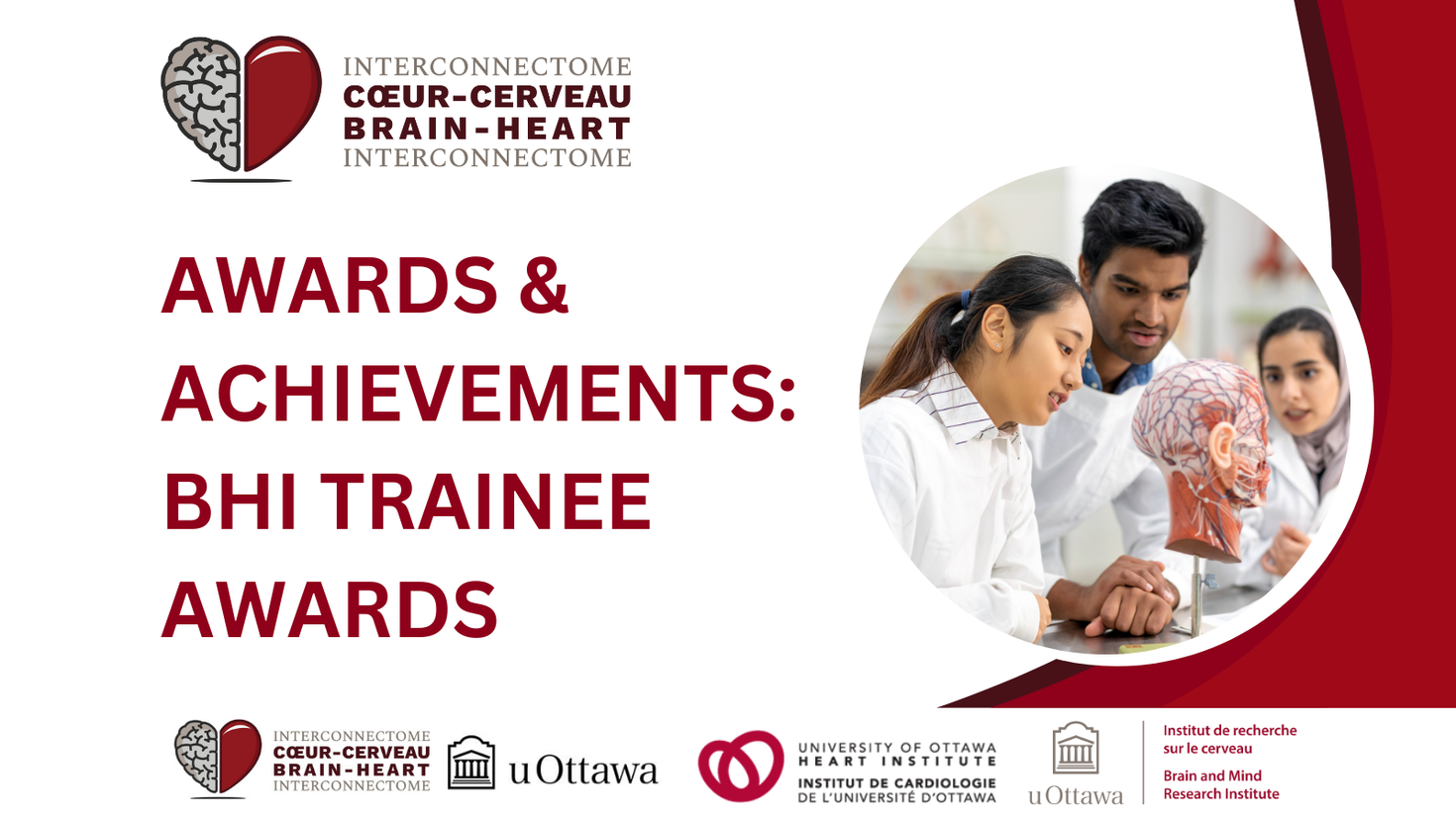 BHI logo at the top of the image. Lab students observing an anatomical model of a head. The text reads "Awards & achievements: BHI trainee awards."