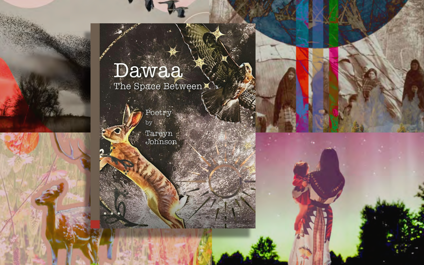 Cover of and art from Tareyn Johnson's book Dawaa: The Space Between.