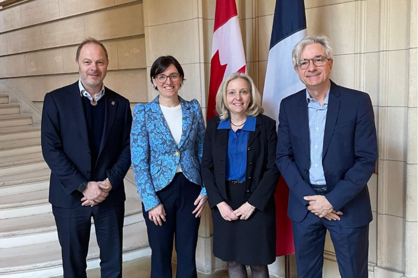 From left to right: Patrice Corriveau, vice-provost, International, uOttawa, Marie-Eve Sylvestre,uOttawa president and vice-chancellor, France G. Drouin, ambassador of Canada to France, and Thierry Weissenburger, senior trade  commissioner, Embassy of Canada in Paris
