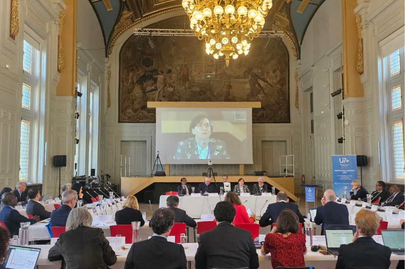 Marie-Eve Sylvestre speaking at the U7+ presidential summit in Paris.