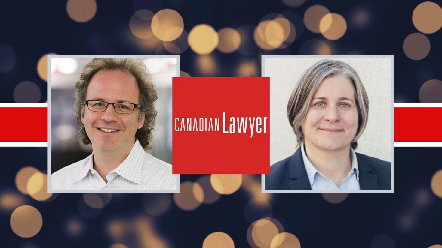 Le professeur Michael Geist et la professeure Amy Salyzyn, logo de Canadian Lawyer