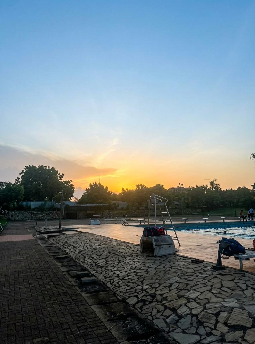 A swimming pool at sunset in Ghana.