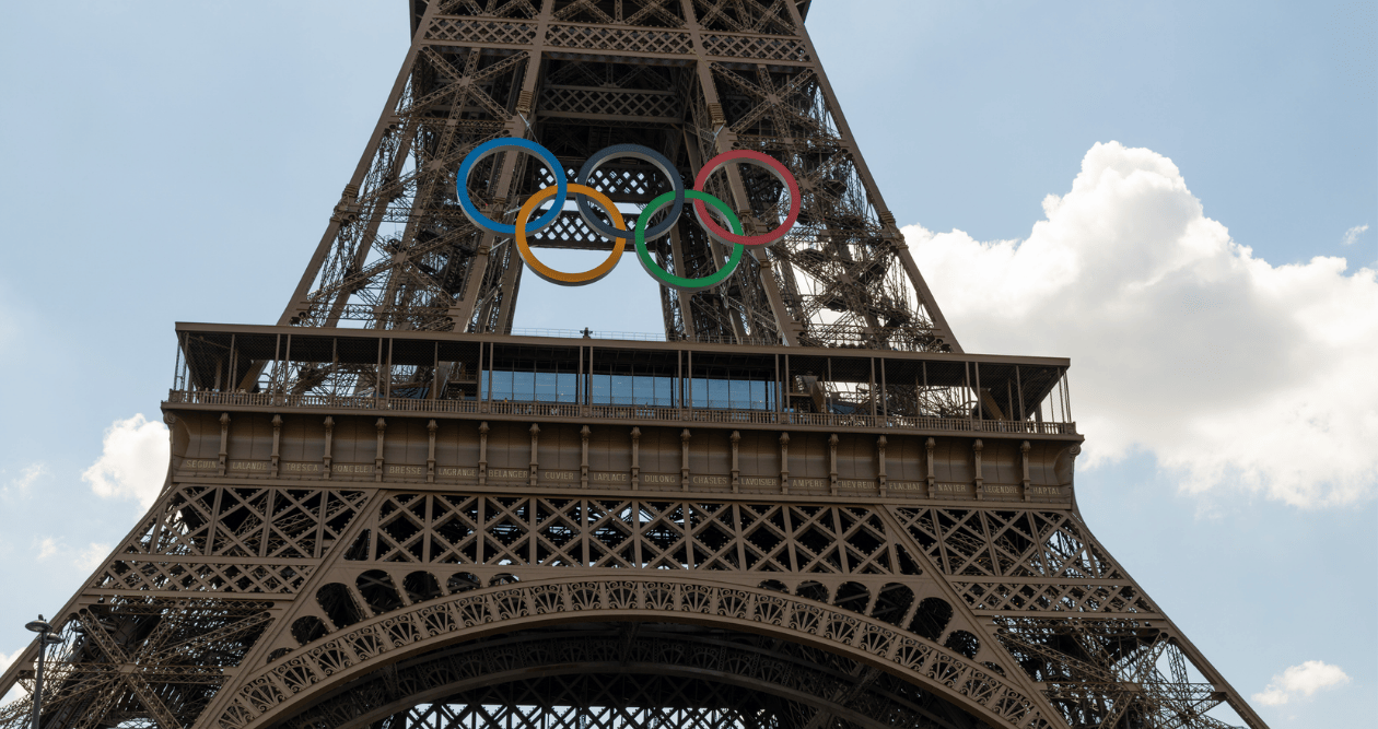 Eiffel Tower cropped with Olympic symbols.