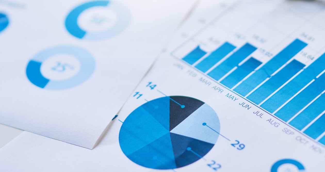 Blue graphics like pie chart, bar chart with numbers. 