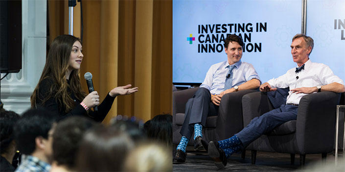 Une étudiante est dans une foule, elle tient un micro pour poser une question. Une deuxième image montre Justin Trudeau et Bill Nye.