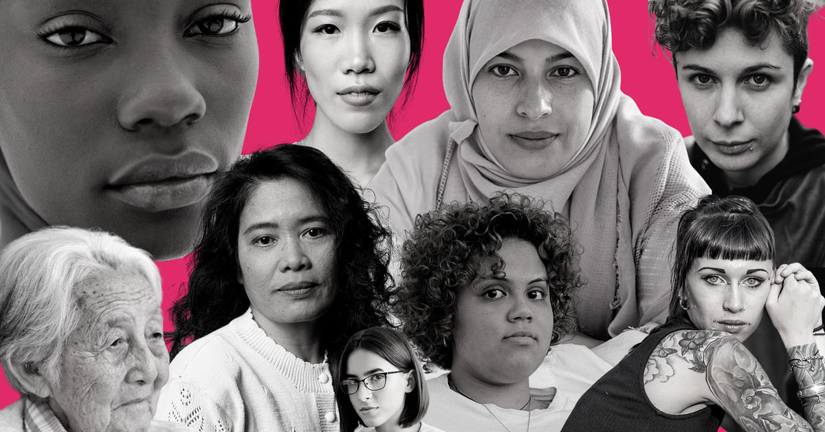 Collage de visages de femmes.