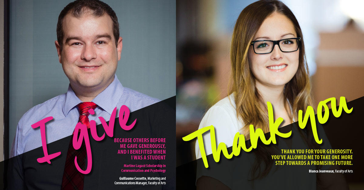  on the left, a man wearing a tie on with “I give”, and a woman with long hair and glasses on the right with “Thank you”