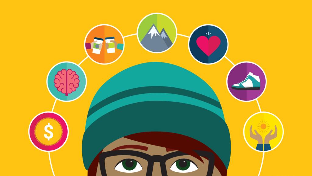Illustration d’une personne portant tuque et lunettes, et dont la tête est entourée de sept bulles. 