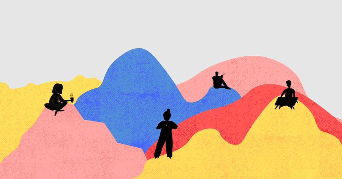 Illustration representing multicoloured mountains and scattered silhouettes of four people