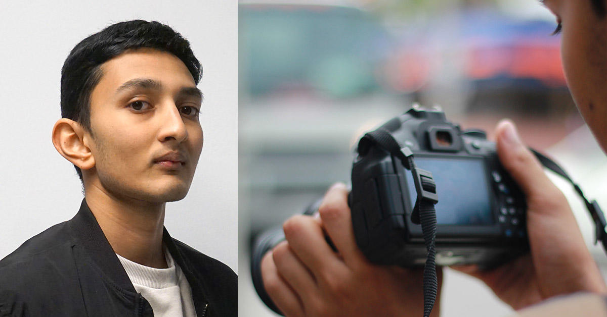  on the left, portrait of student Devang Ghosh and on the right, photo of Devang holding a camera.