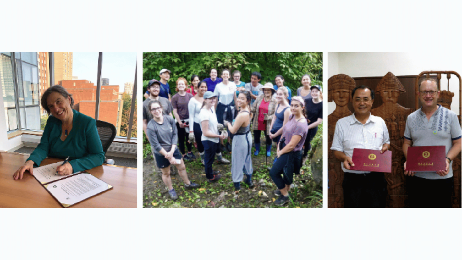 Vicky Barham, doyenne de la faculté des sciences sociales, signant le protocole d'accord, un groupe d'étudiants, Scott Simon et un collègue du NDHU-CIS tenant le protocole d'accord signé.