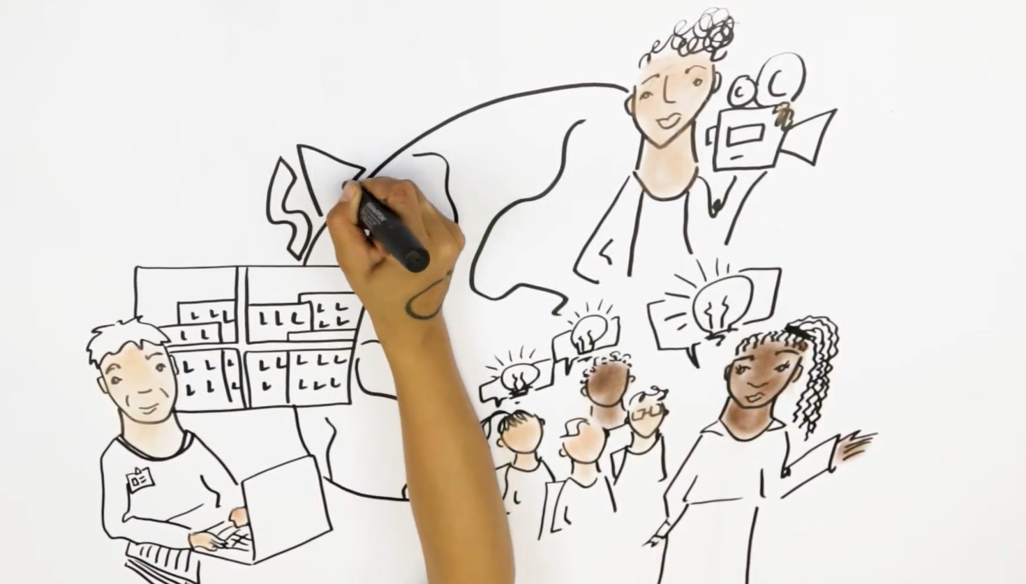 person drawing a person working at laptop and buildings, students with ideas, a videographer