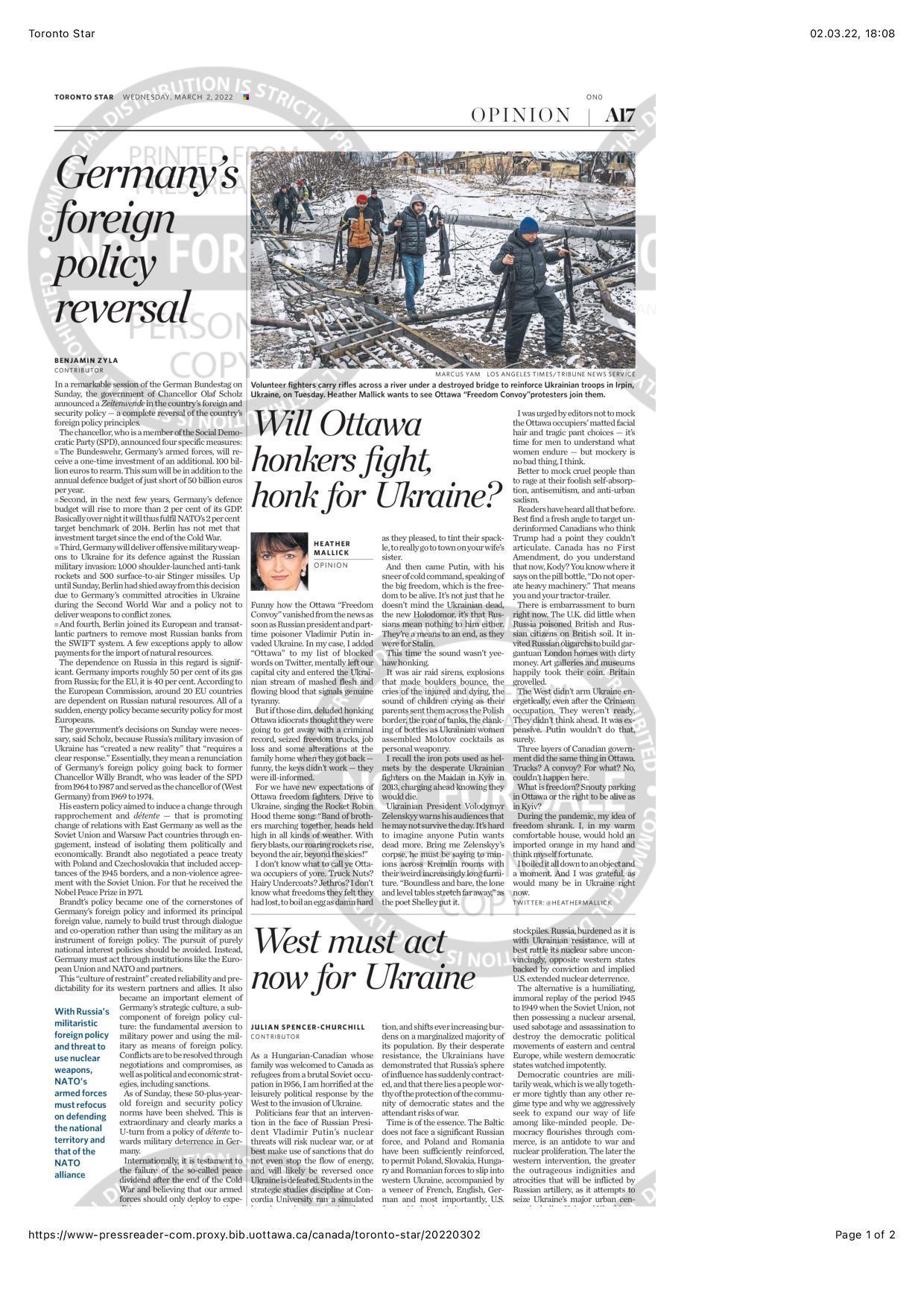 Toronto Star Mercredi 2 mars 2022 Coupure de presse