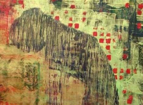 Artwork of human body in grey arching back on red and gold background