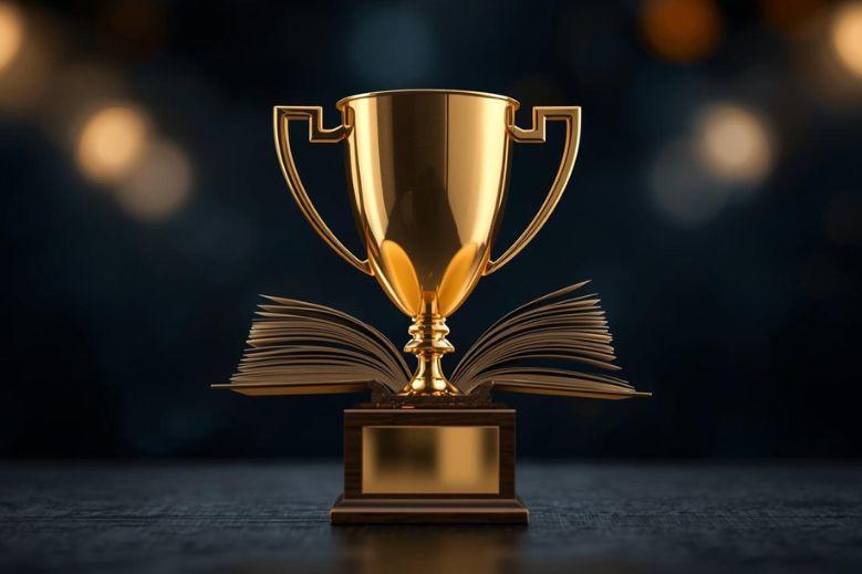 un trophée sur un livre ouvert 
